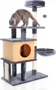 Tiragraffi Fudajo in grigio scuro alto 112 cm, tiragraffi per gatti con casetta per gatti, albero per gatti con mangiatoia e piattaforme, mobili per gatti con tiragraffi