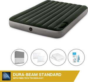 Letto ad aria Intex - 2 persone - 152 x 203 x 25 cm - Verde - Con pompa a pedale incorporata + lenzuola antracite + cuscino + federe Molton 2 in 1 + set di riparazione
