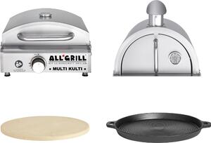 Allgrill MULTI-KULTI Set 4 fiamme - griglia a gas + cofano per pizza + pietra per pizza + padella in ghisa