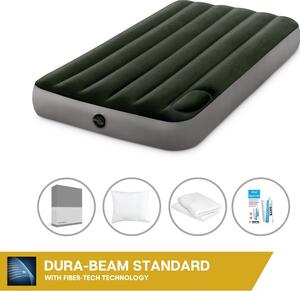 Letto ad aria Intex - 1 persona - 99 x 191 x 25 cm - Verde - Con pompa a pedale incorporata + lenzuola antracite + cuscino + federe Molton 2 in 1 + set di riparazione