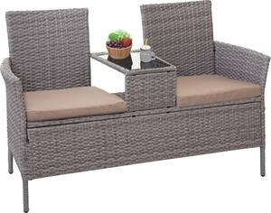 Panchina in polyrattan con tavolino MCW-E24, set da giardino con divanetto, 132 cm ~ grigio, cuscini color crema