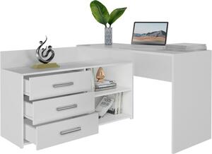 BDW Scrivania ad angolo, 3 cassetti 2 ripiani, bianco, 120x7x50 cm