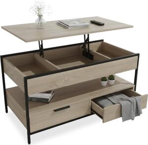 Tavolino Relaxdays, ribaltabile, 2 cassetti, 4 scomparti, L x P x A 48 x 100 x 50 cm, tavolino da salotto in stile industriale, marrone chiaro/nero