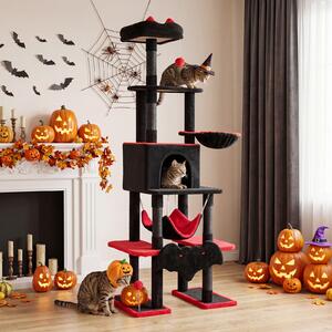 Costway Tira graffi a 7 livelli con amaca lettino posatoi 6 pali graffiatoio pompon stile halloween, Albero tiragraffi per gatti per gatti adulti e piccoli