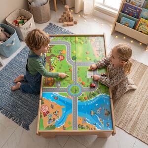Costway Tavolo attività con 110 pz giocattoli trenino con cassetto e piano reversibile e rimovibile sistema di traffico e mappa, Tavolino creativo per gioco e studio