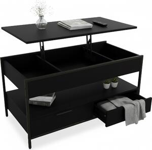 Tavolino Relaxdays, ribaltabile, 2 cassetti, 4 scomparti, L x P x A: 48–63 x 100 x 50 cm, tavolino da salotto in stile industriale, nero