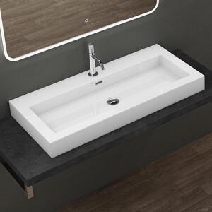 Doporro Lavabo da Appoggio Rettangolare, Lavabo Bagno Sospeso con Foro Rubinetto e Troppopieno in Marmo Resina Bianco Lucido, Lavandino Bagno 100x48x10cm Colossum18