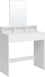 VASAGLE, tavolo da toilette con grande specchio rettangolare, tavolo da toilette con 2 cassetti e 3 vani a giorno, tavolo da toilette, stile moderno, bianco