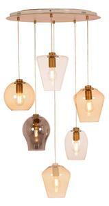 PAGODA SOSPENSIONE 6 LUCI CON SFERE IN VETRO AMBRA,TRASPARENTI E FUME E BASE IN METALLO ORO LAMPADINE ATTACCO E27