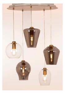 PAGODA SOSPENSIONE 5 LUCI CON SFERE IN VETRO TRASPARENTI E FUME E BASE IN METALLO ORO LAMPADINE ATTACCO E27