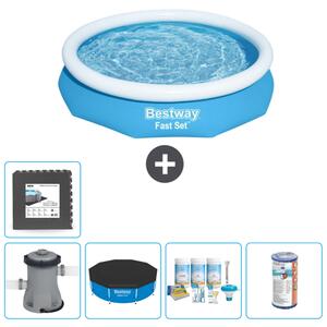 Bestway piscina gonfiabile rotonda ad ambientazione rapida - 305 x 66 cm - blu - inclusa copertura della pompa - pacchetto manutenzione - filtro - piastrelle per il pavimento