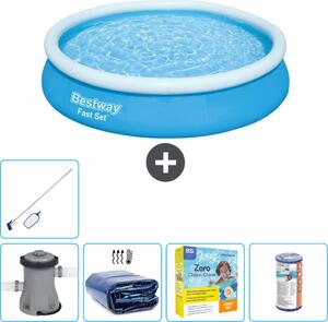 Piscina gonfiabile rotonda Bestway ad ambientazione rapida - 366 x 76 cm - blu - incluso telo pompa - pacchetto manutenzione - filtro - kit pulizia