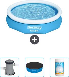 Bestway piscina gonfiabile rotonda ad ambientazione rapida - 305 x 66 cm - blu - include pompa - copertura - cloro