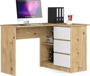 Scrivania Angolare B16 CLP Destra Rovere Artisan Bianco 124 cm con 3 Cassetti e 2 Ripiani