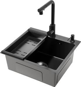 Lavello da cucina, acciaio inox, vasca singola con rubinetto estraibile, nero