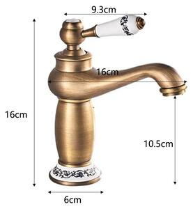 Miscelatore da bagno - Miscelatore per lavabo - Stile vintage - Ottone anticato - Monocomando - Acqua calda e fredda - Maniglia in Vetroceramica con motivo floreale - Montaggio monoblocco