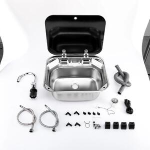 Lavello per camper, caravan e barche - acciaio inossidabile 304 - coperchio in vetro - rubinetto con acqua calda e fredda - tubo di scarico - piano di lavoro pieghevole e salvaspazio - colore nero