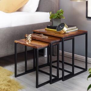 FineBuy Tavolino set di 3 tavolini in legno massiccio sheesham / metallo tavolino quadrato moderno tavolino da salotto 3 pezzi tavolo salvaspazio in legno
