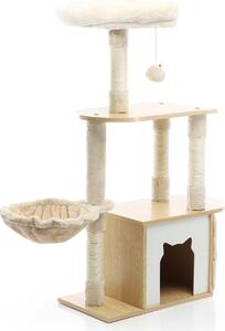 Tiragraffi Fudajo in legno beige alto 106 cm, tiragraffi per gatti con casetta per gatti e abbeveratoio, albero per gatti in sisal, mobili per gatti in peluche