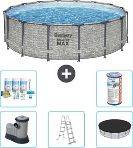 Piscina Bestway Round Steel Pro MAX - stampa su pietra - 488 x 122 cm - inclusa pompa - scala - copertura pacchetto manutenzione - filtro