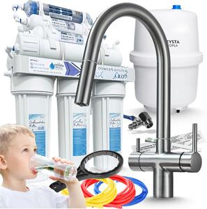 Rubinetto da cucina a 3 vie Ari Slender con doppia uscita per acqua filtrata, beccuccio girevole, grafite, con sistema filtro RO7 7 stadi