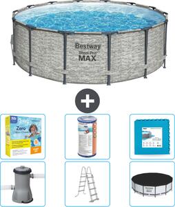 Piscina Bestway Round Steel Pro MAX - stampa su pietra - 427 x 122 cm - inclusa pompa - scala - copertura pacchetto manutenzione - filtro - pavimento in piastrelle