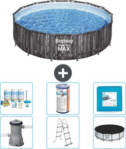 Piscina Bestway Round Steel Pro MAX - stampa legno - 427 x 107 cm - inclusa pompa - scala - pacchetto manutenzione copertura - filtro - piastrelle pavimento