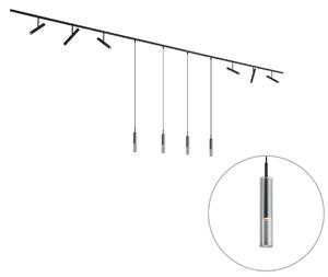 Sistema di illuminazione a binario moderno nero con 6 faretti e 4 luci a sospensione nere monofase - Slimline Avery Loyce