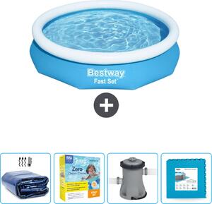 Piscina gonfiabile rotonda Bestway ad ambientazione rapida - 305 x 66 cm - blu - include tenda da sole - pacchetto manutenzione - pompa - pavimento in piastrelle