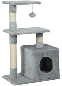 PawHut Tiragraffi per Gatti con Casetta, 2 Piattaforme e Pallina, in Legno, Sisal e Peluche, 50x30x81.5 cm, Grigio | Aosom Italy