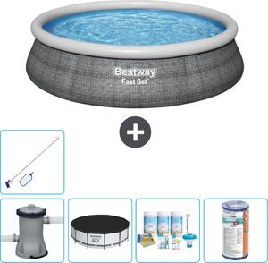 Bestway piscina gonfiabile rotonda a presa rapida - stampa rattan - 457 x 84 cm - inclusa copertura pompa - pacchetto manutenzione - filtro - kit pulizia