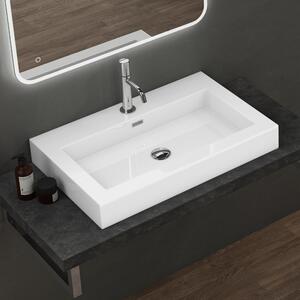 Doporro Lavabo da Appoggio Rettangolare, Lavabo Bagno Sospeso con Foro Rubinetto e Troppopieno in Marmo Resina Bianco Lucido, Lavandino Bagno 73x48x10cm Colossum18