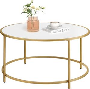 VASAGLE Tavolino rotondo, tavolo da soggiorno con ripiano in legno e struttura in acciaio dorato, tavolino da caffè, facile da montare, stile moderno, oro e bianco