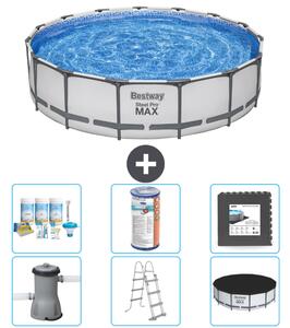 Piscina Bestway Round Steel Pro MAX - 457 x 107 cm - grigio - inclusa pompa - scala - pacchetto manutenzione copertura - filtro - piastrelle per il pavimento