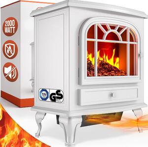 DEUBA® Camino Elettrico 2000W 60x28x50cm Termocamino Luce LED Effetto Fiamma Stufa Elettrica Caminetto finto a Corrente Stile Antico Bianco