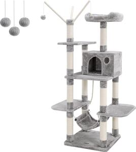 FEANDREA Albero da arrampicata XXL, perlina stabile con amaca, cavo, gioco in sisal, 154 cm, grigio chiaro