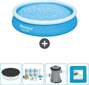 Bestway piscina gonfiabile rotonda ad ambientazione rapida - 366 x 76 cm - blu - include copertura - pacchetto manutenzione - pompa - piastrelle per pavimento
