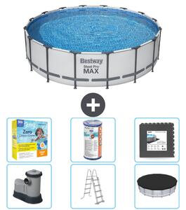 Piscina Bestway Round Steel Pro MAX - 488 x 122 cm - grigio - inclusa pompa - scala - pacchetto manutenzione copertura - filtro - piastrelle per il pavimento