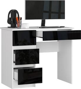 BDW Scrivania per ufficio con 4 cassetti, scrivania per videogiochi, bianco/nero sinistro lucido