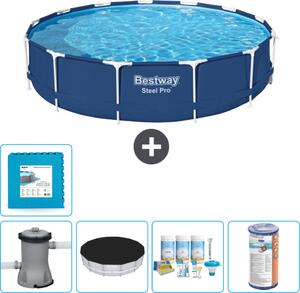 Piscina Bestway Round Steel Pro - 396 x 84 cm - blu - inclusa copertura per la pompa - pacchetto manutenzione - filtro - piastrelle per il pavimento