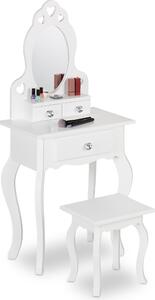 Trucco da bambina Relaxdays, con specchio e sgabello, L x P x A: 110 x 50 x 30 cm, per bambini dai 3 anni in su, toletta, bianco