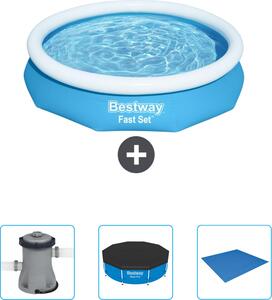 Bestway piscina gonfiabile rotonda fast set - 305 x 66 cm - blu - include pompa - copertura - telo di protezione