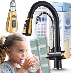 Rubinetto da cucina a 3 vie Ari Nordic con doccetta estraibile, collegamento filtro acqua, beccuccio girevole 360, nero oro