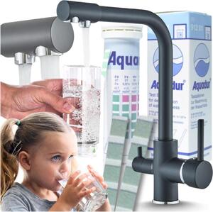 Rubinetto da cucina a 3 vie Ari Venom 1, collegamento filtro acqua, beccuccio girevole a 360, nero e cromato