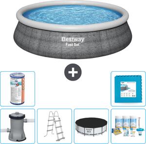 Piscina gonfiabile rotonda Bestway a presa rapida - stampa rattan - 457 x 107 cm - inclusa pompa - copertura a scaletta - pacchetto manutenzione - filtro - piastrelle per pavimento