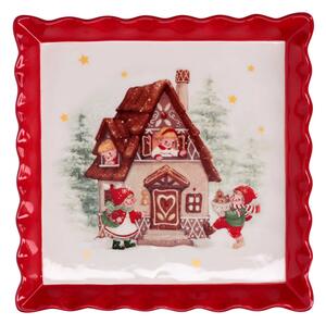 Centrotavola ceramica rosso e bianco quadro casetta cm 20,7x20,7x2,7