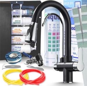 Miscelatore da cucina Ari Nordic a 3 vie, nero cromato, estraibile, con sistema di filtraggio dell'acqua a 5 stadi e filtro per acqua potabile da incasso