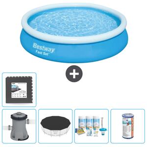 Bestway piscina gonfiabile rotonda ad ambientazione rapida - 366 x 76 cm - blu - inclusa copertura della pompa - pacchetto manutenzione - filtro - piastrelle per il pavimento