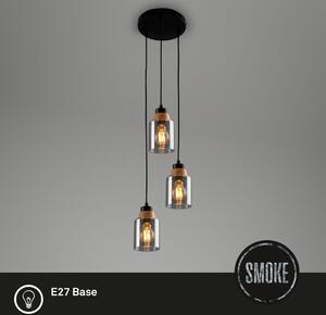 Lampada a sospensione, con legno, vetro fumé, 3xE27/max
