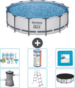 Piscina Bestway Round Steel Pro MAX - 427 x 107 cm - grigio - inclusa pompa - scala - pacchetto manutenzione copertura - filtro - piastrelle per il pavimento